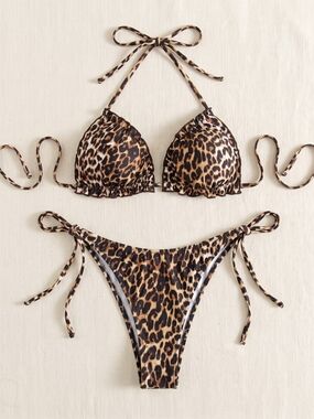 Leopard Print Tie-Side Bikini Set - Brown